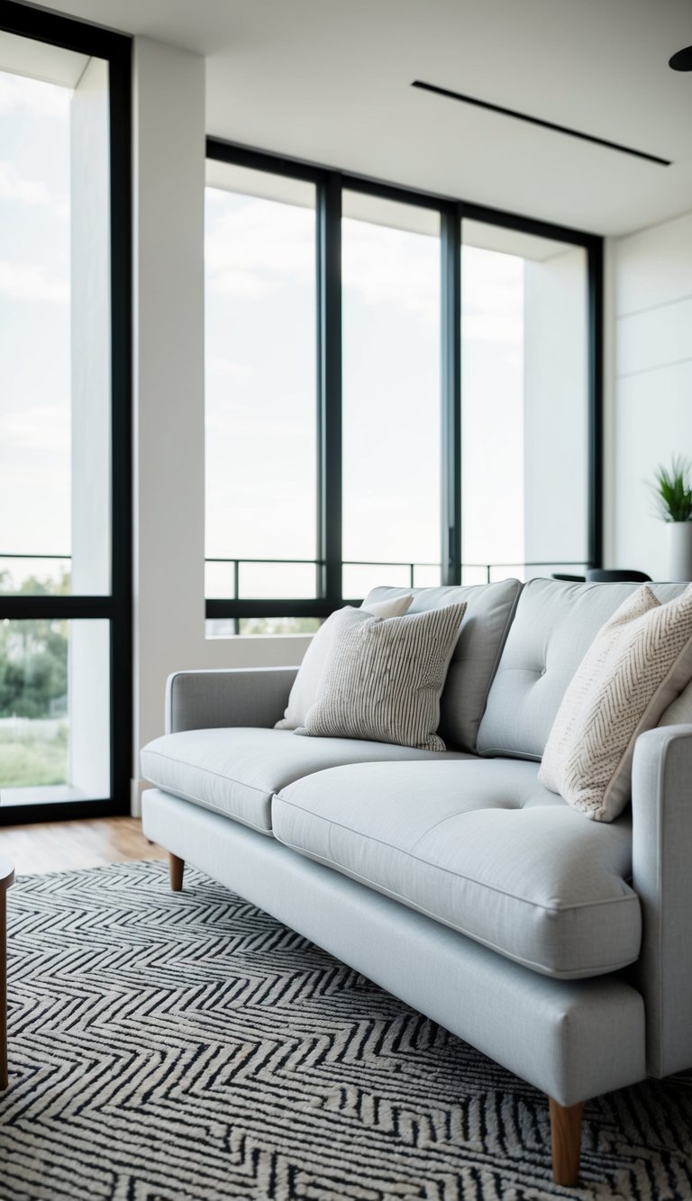 A light grey couch sits atop a geometric patterned rug in a modern living room with minimalist decor and large windows
