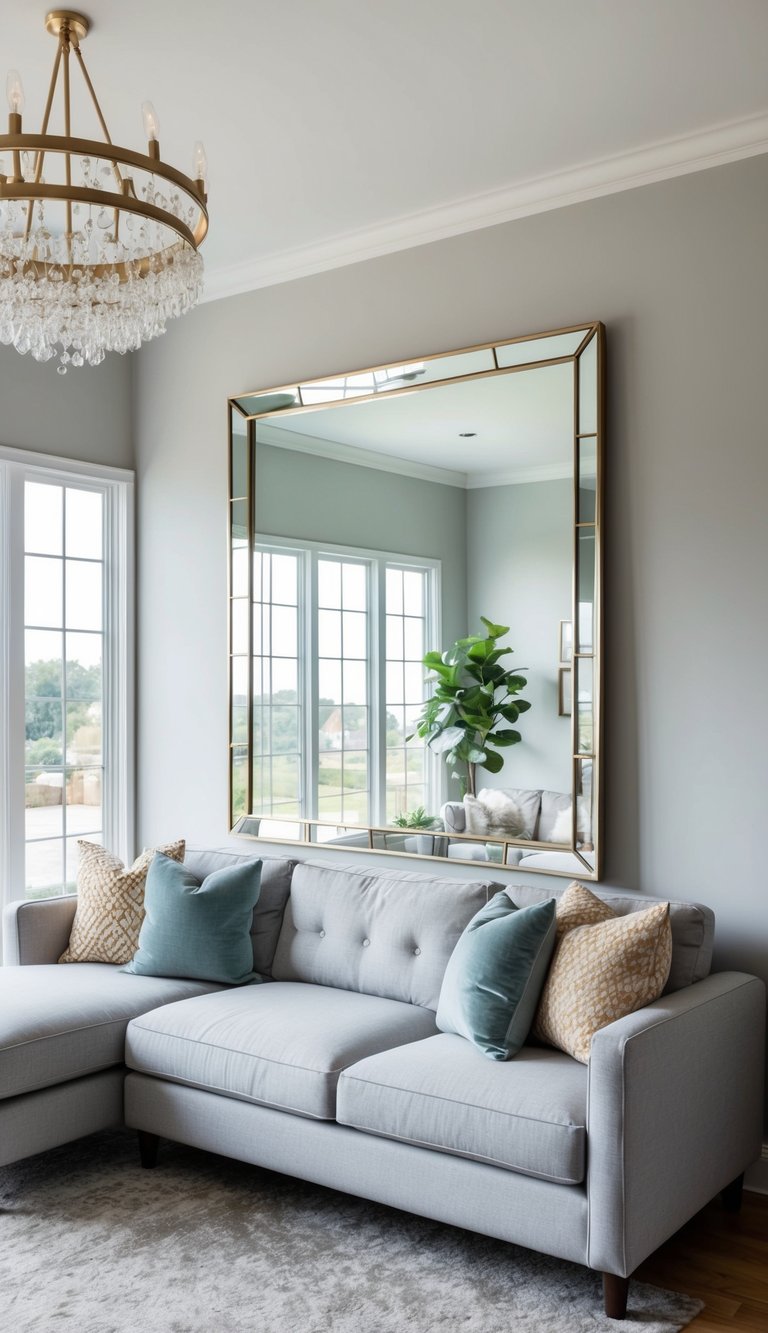A large mirror hangs on a light grey couch in a spacious living room with 22 design ideas