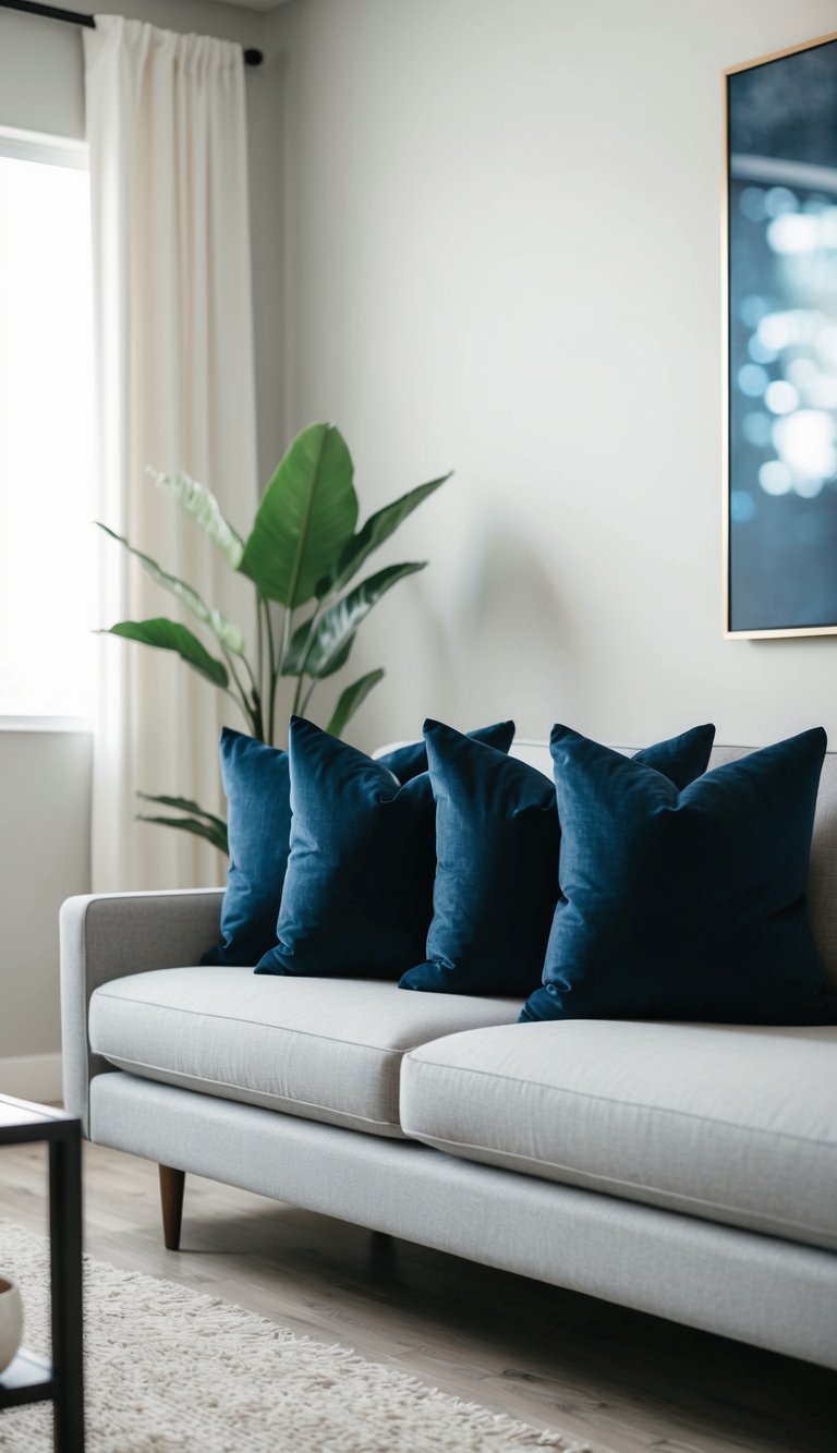 A light grey couch adorned with bold navy blue pillows in a modern living room with soft lighting and minimalistic decor