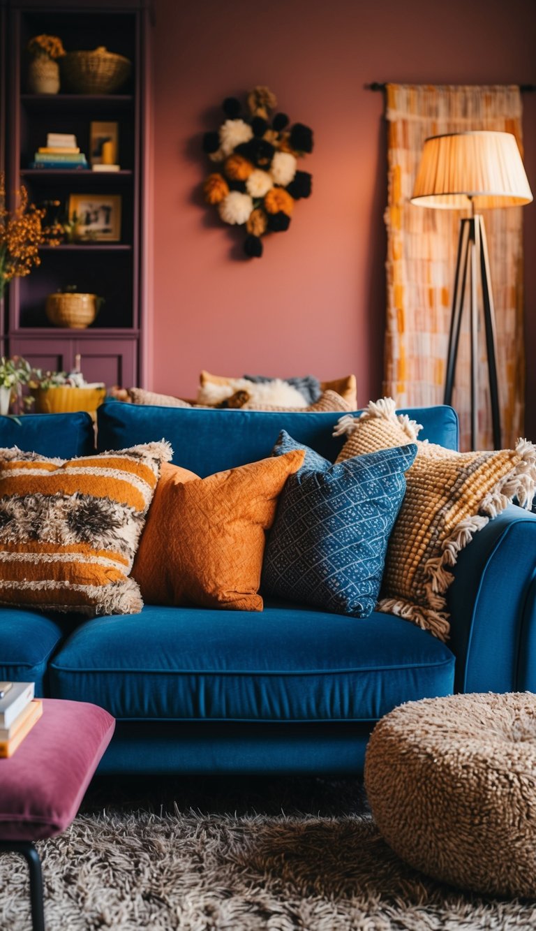 A cozy living room with a mix of bold, textured fabrics including a plush sofa, patterned throw pillows, and a shaggy rug. Rich colors and tactile materials create a warm and inviting atmosphere