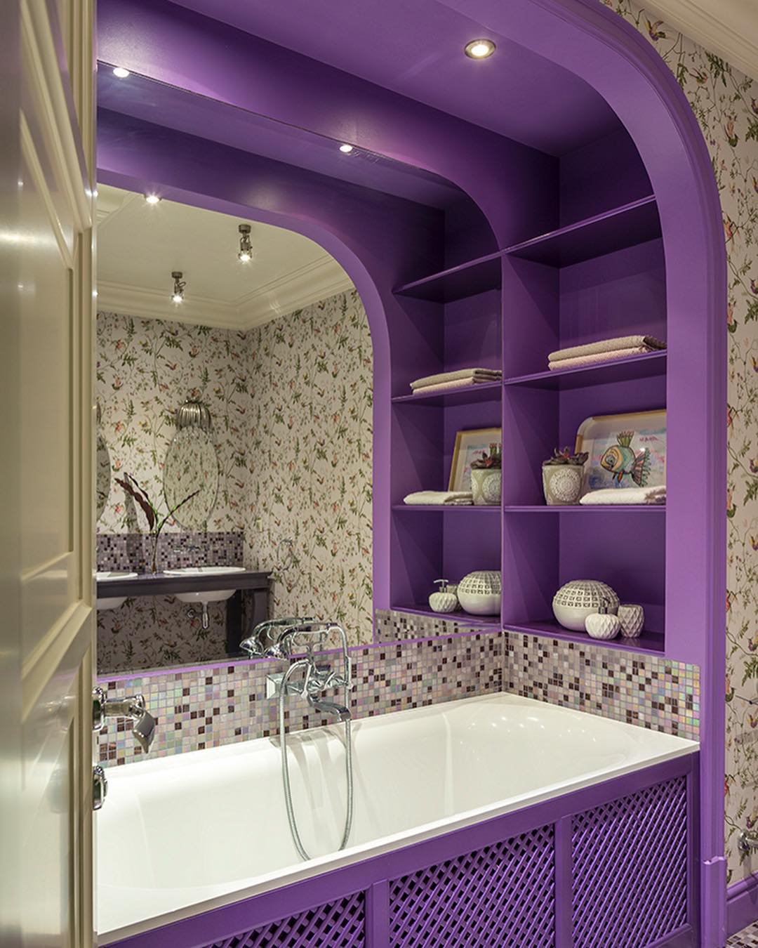 Vibrant Purple Cabinets with Floral Accents