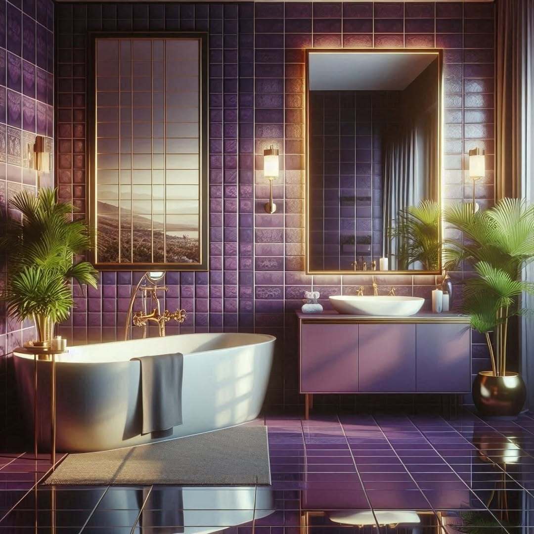 Deep Purple Tiles Illuminated by Golden Fixtures