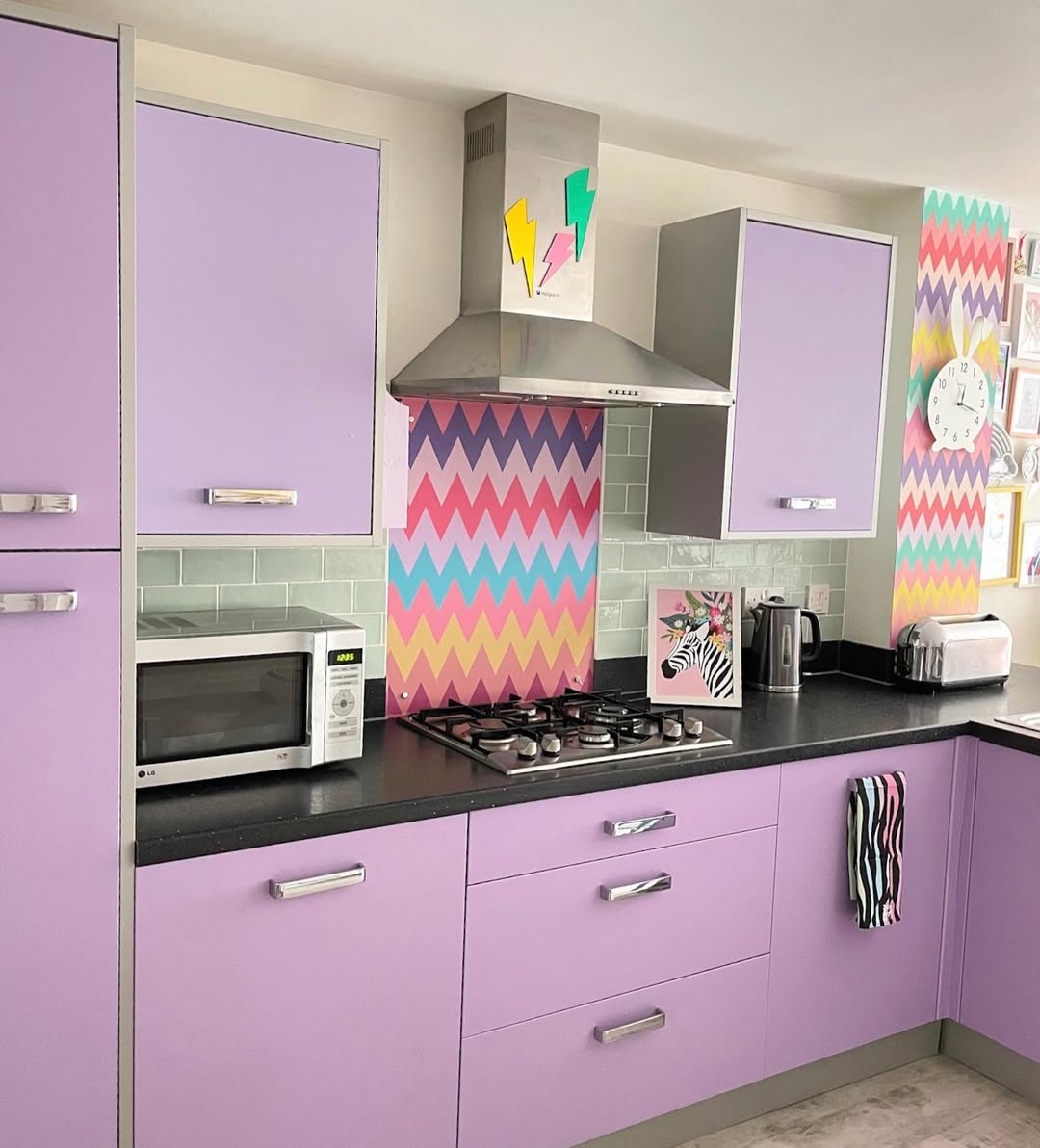 Lavender Cabinets With Patterned Tiles