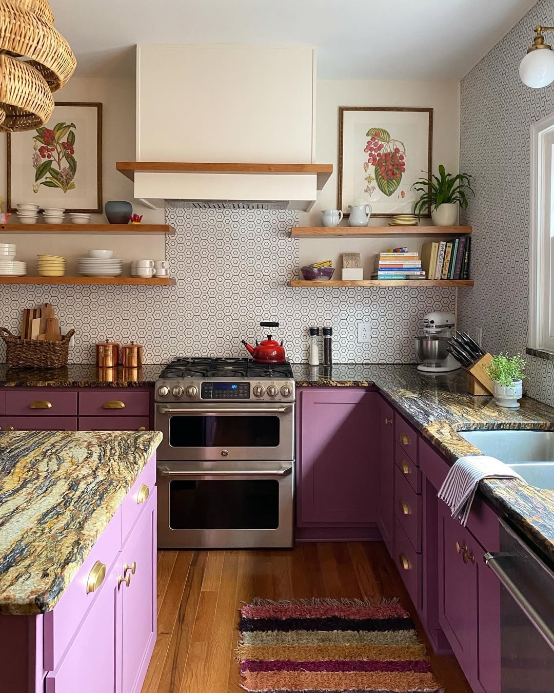 Bold Purple Cabinets With Natural Textures