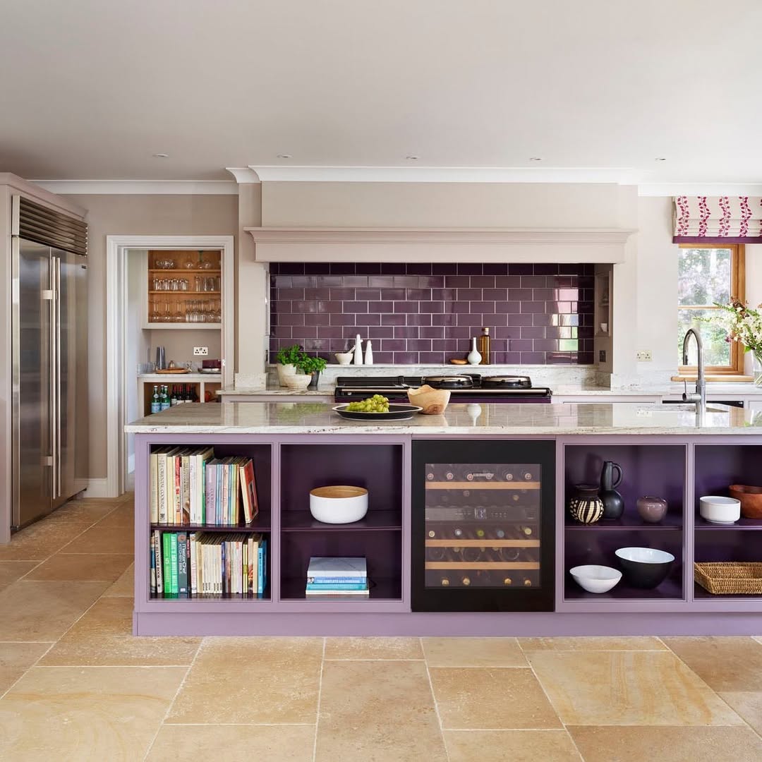 Plum Backsplash With Functional Island