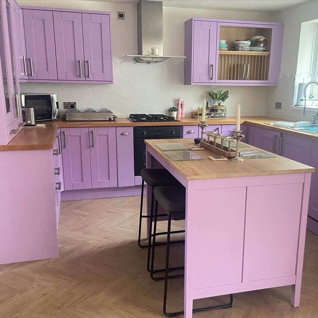 Lilac Cabinets With Warm Wood Tones