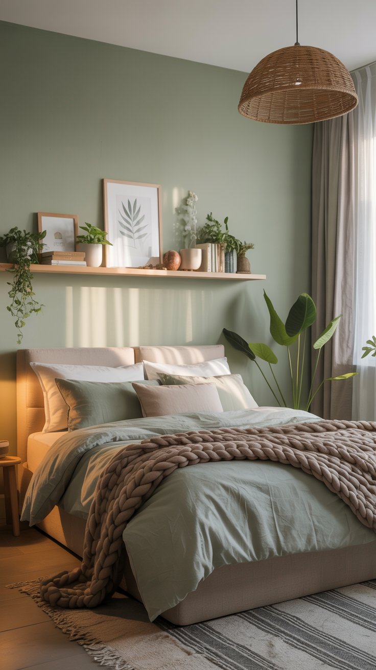 Soft green bedroom with natural elements
