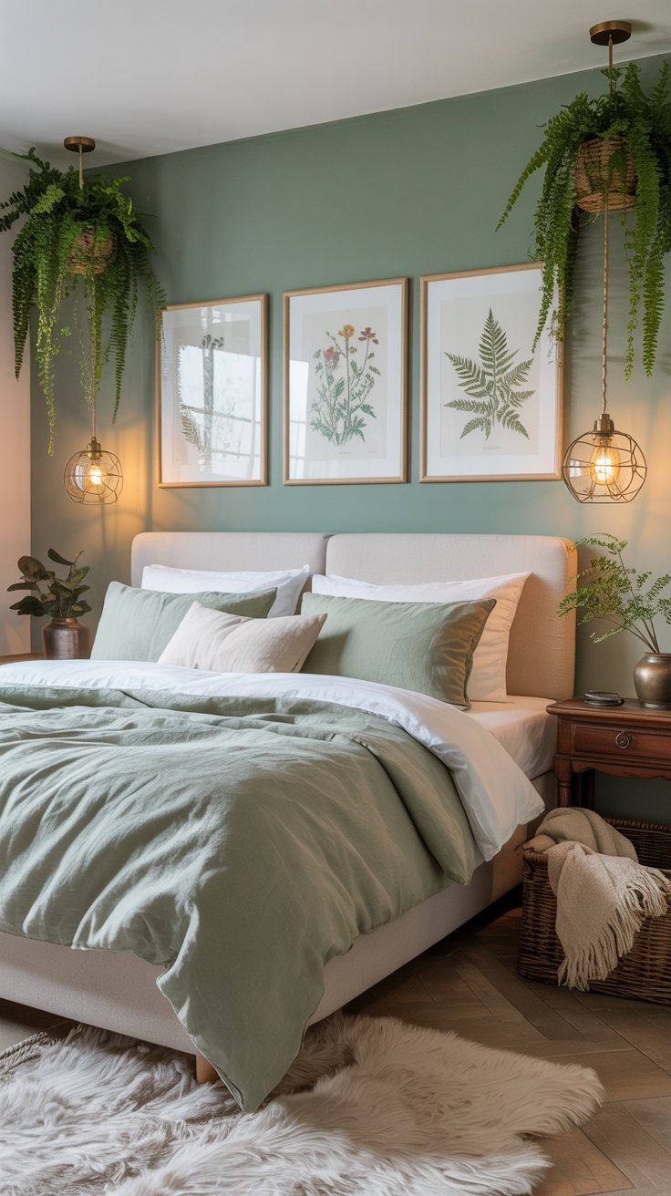 Bedroom with green tones and hanging plants