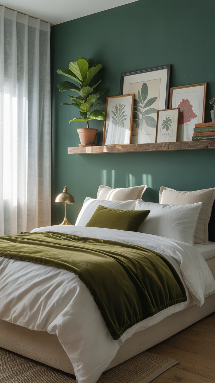 Bedroom with green accents and plant decor