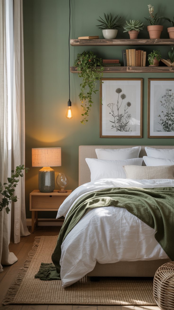 Serene Bedroom with Green and Natural Textures