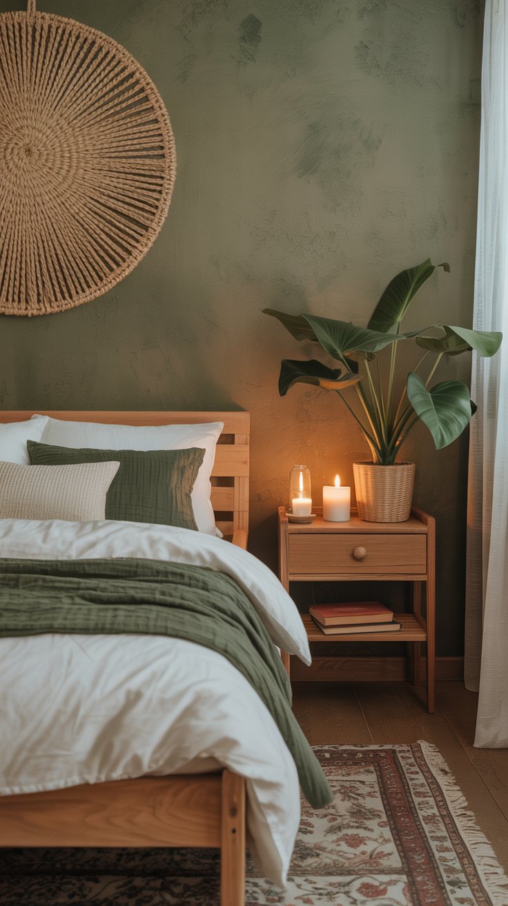 Serene bedroom with earthy tones and natural elements