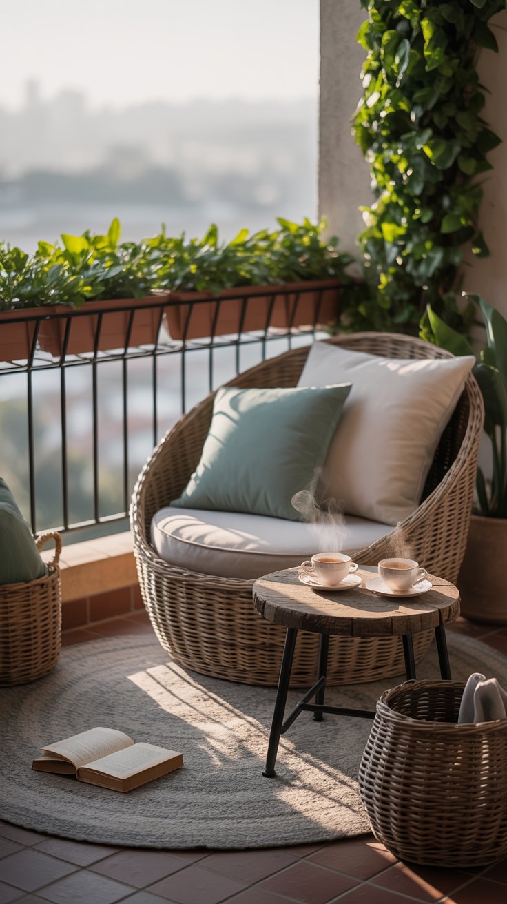 Outdoor nook with wicker chair and plants