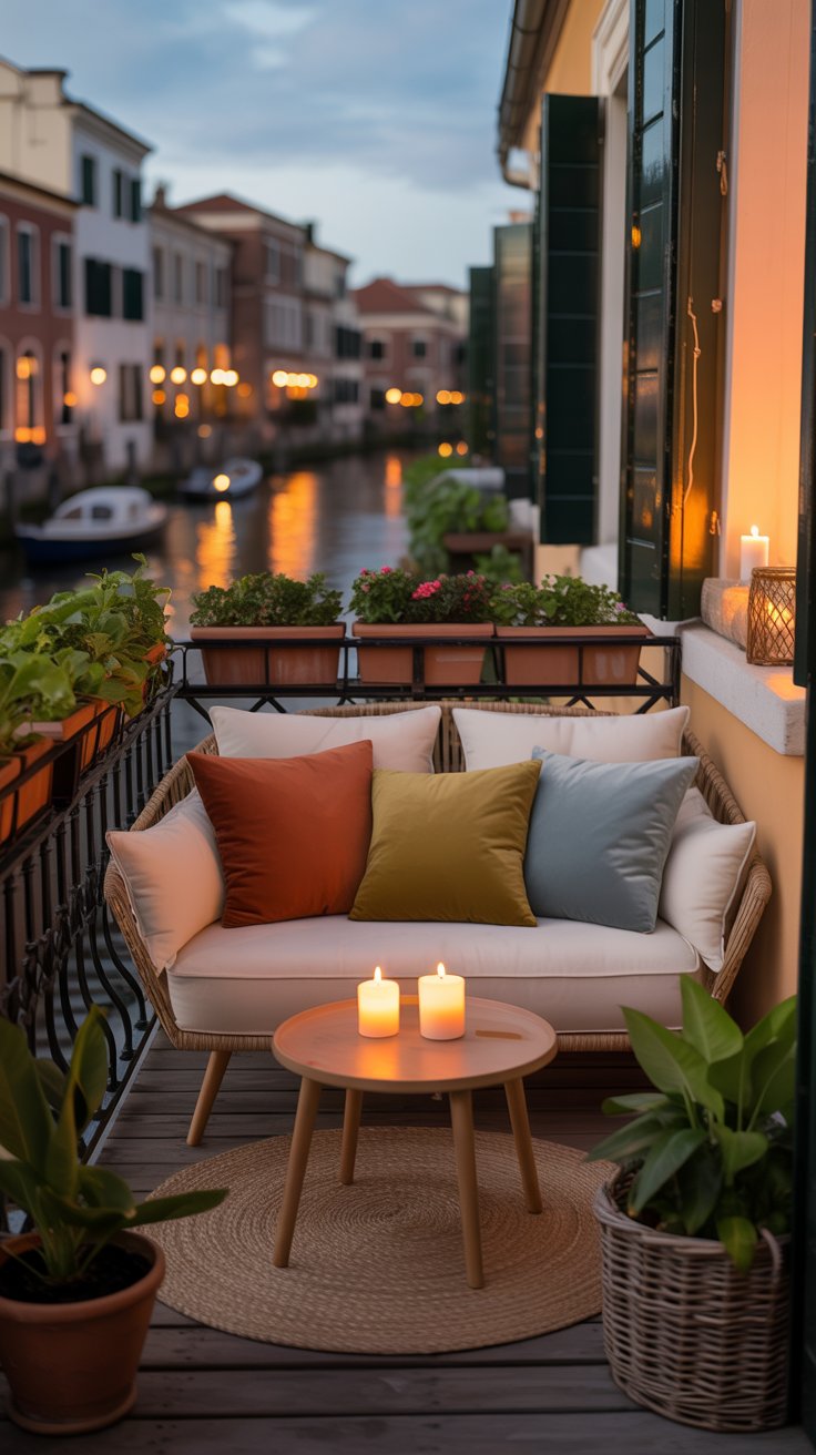 Cozy canal-side balcony with sofa and plants