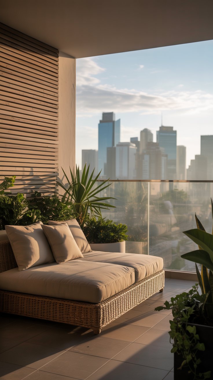 Balcony with rattan loungers and plants