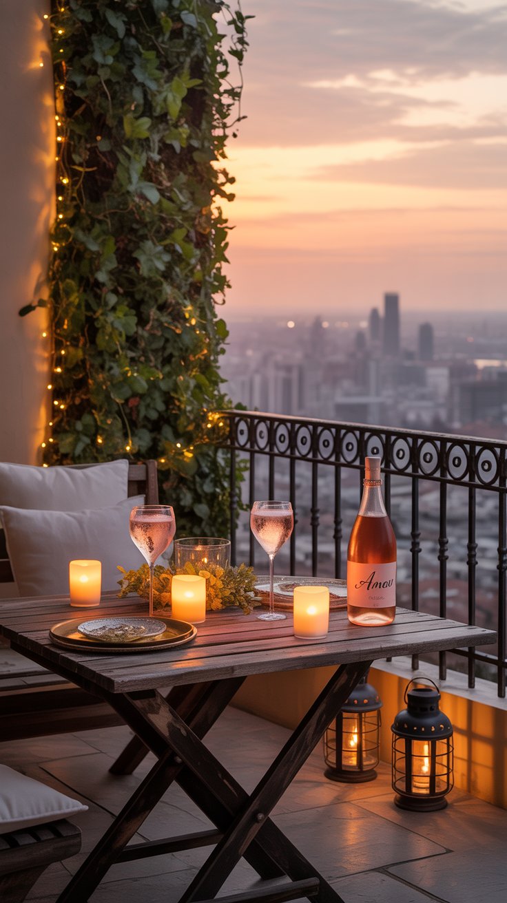 Balcony with candles and city view