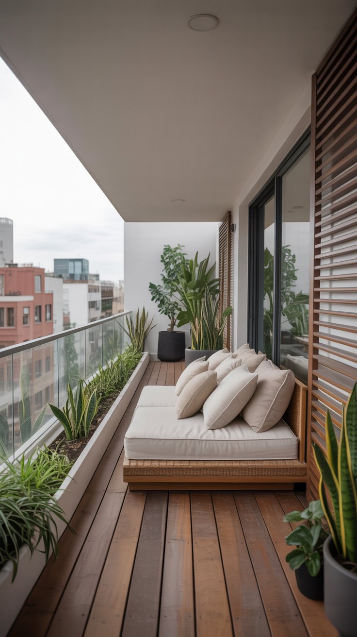 Modern minimalist balcony with light wood and plants