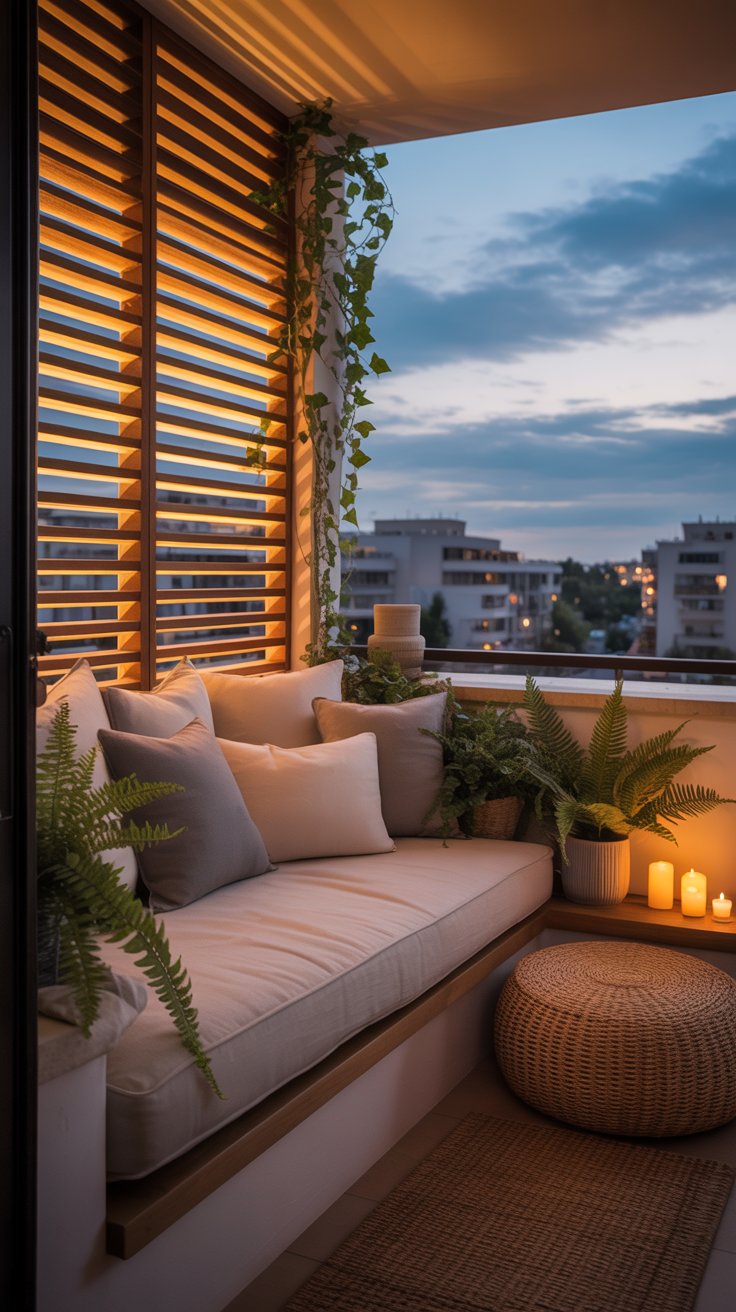 Boho style balcony with wooden elements and plants
