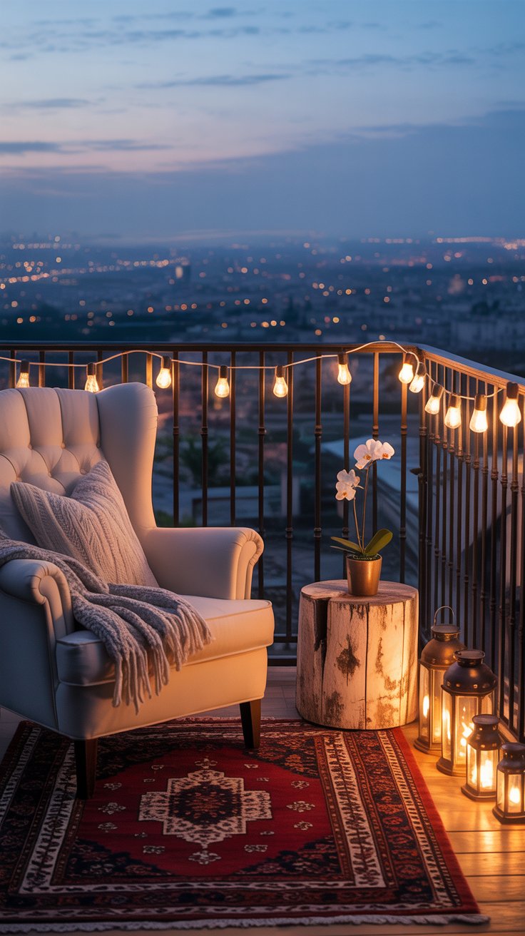 Outdoor seating with string lights and lanterns