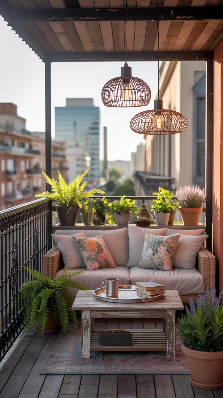Cozy urban balcony with floral cushions and plants