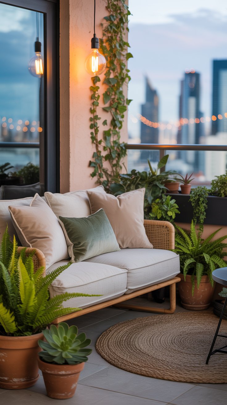 Balcony with lush plants and cozy seating