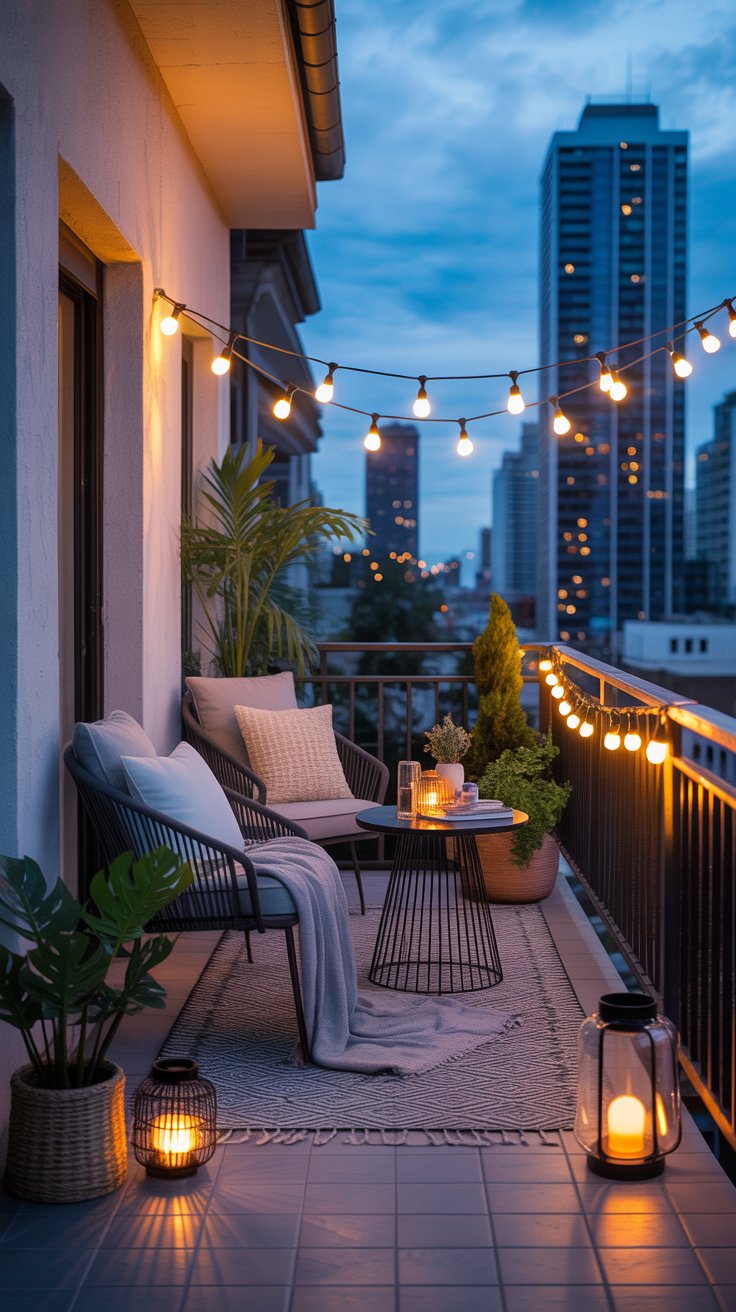 Urban balcony with string lights and seating