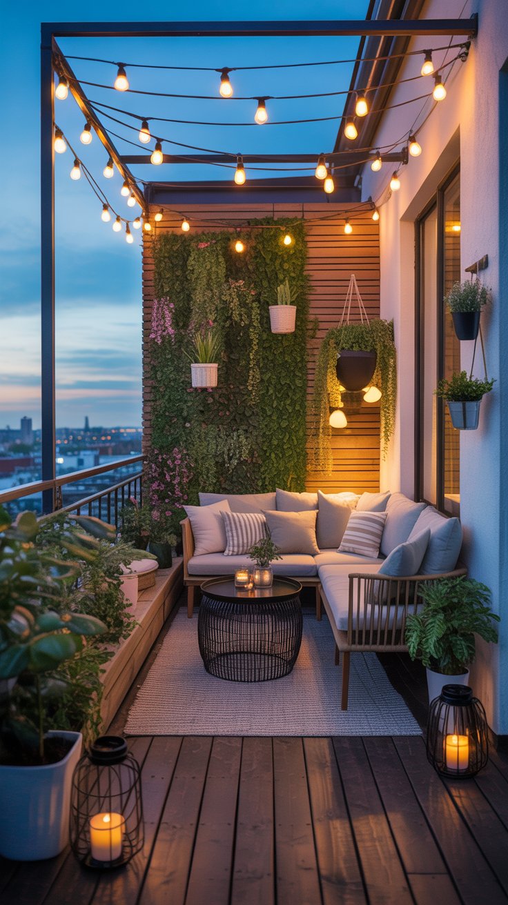 Balcony with string lights and cozy seating