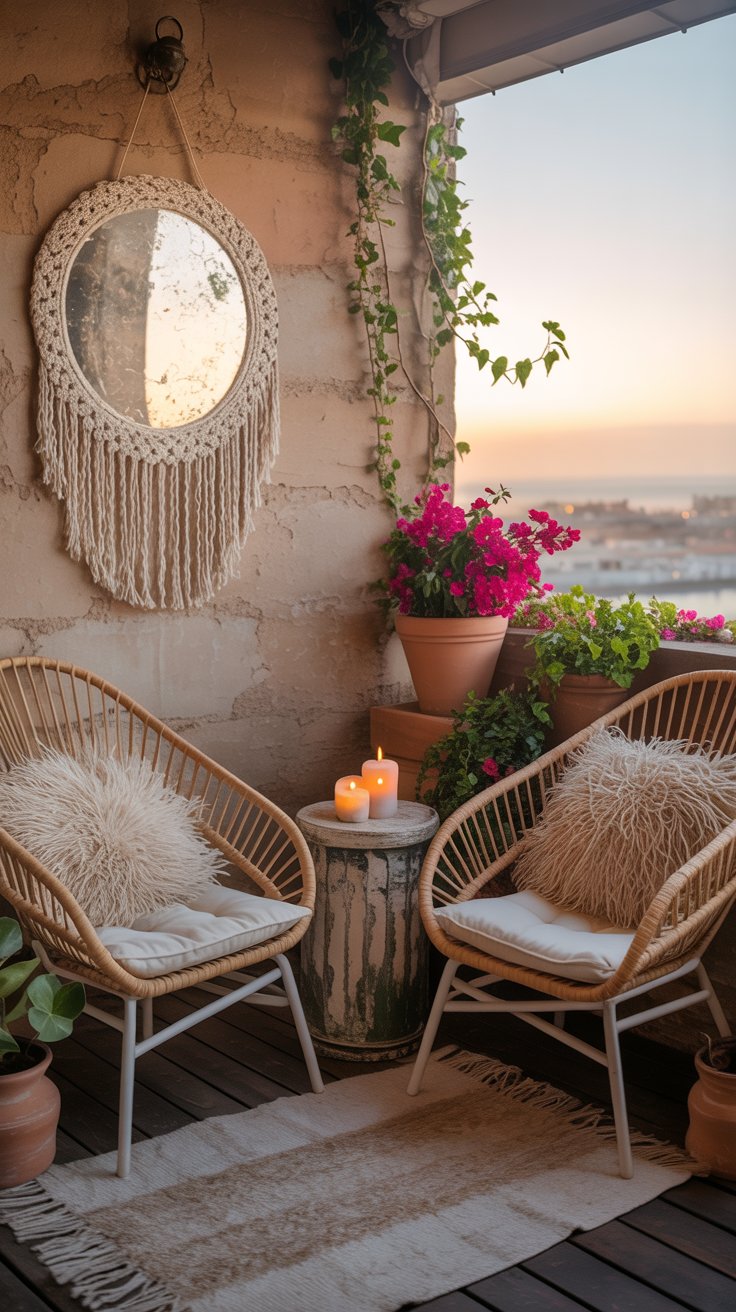 Bohemian balcony with rattan chairs and macramé mirror