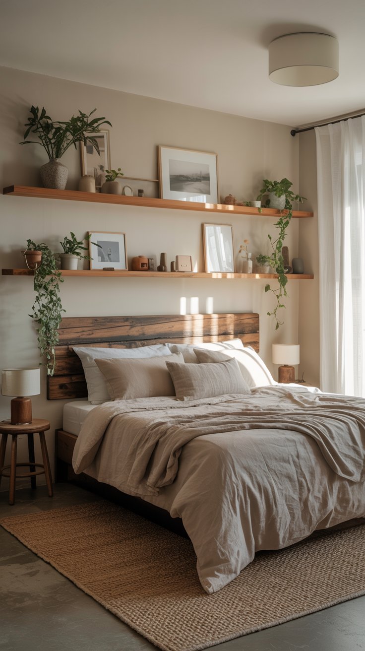 Serene bedroom with wooden accents and plants