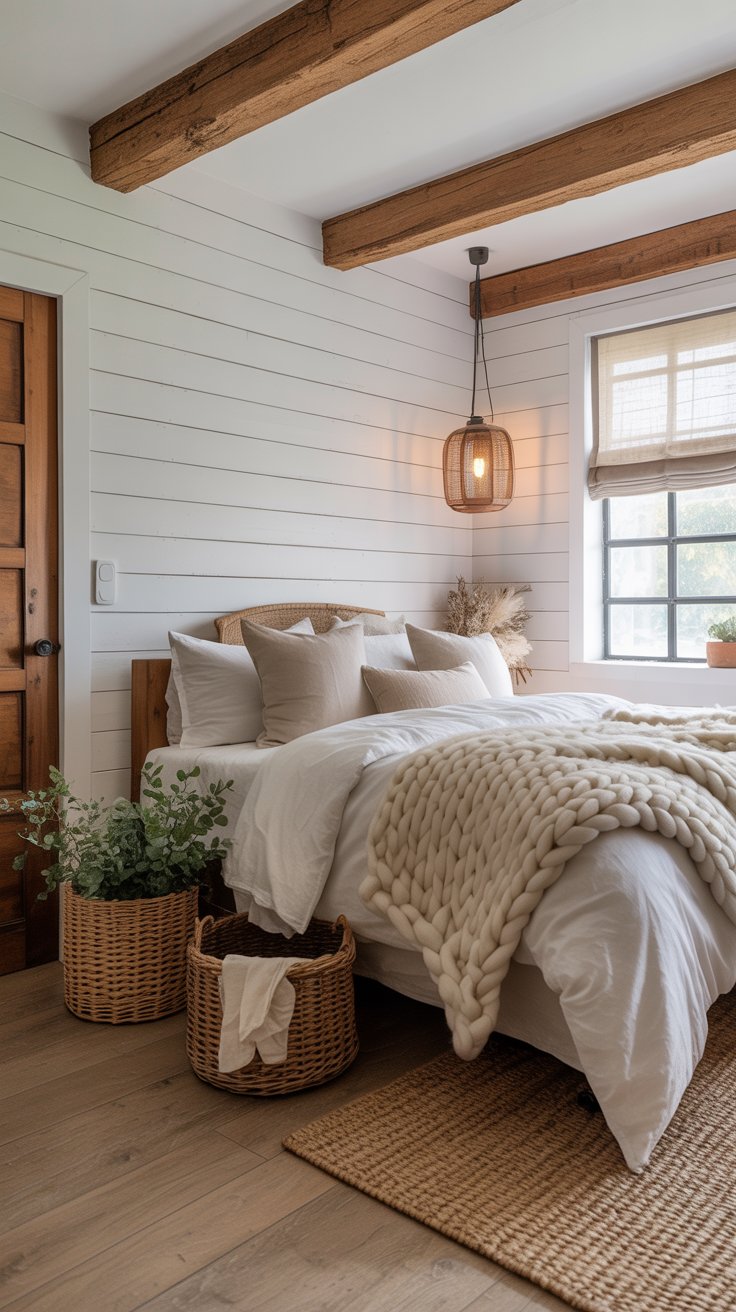 Cozy rustic bedroom with wood beams and woven accents
