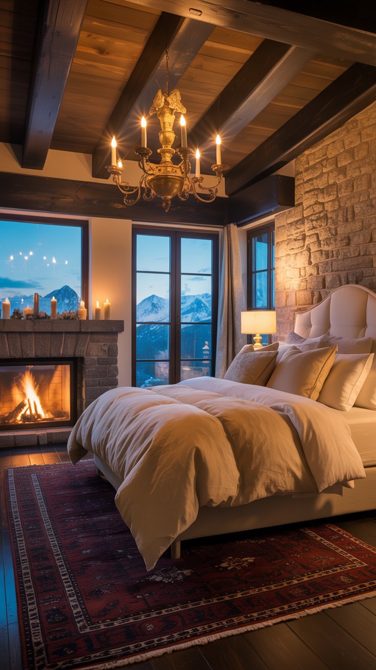 Cozy mountain retreat bedroom with fireplace and chandelier