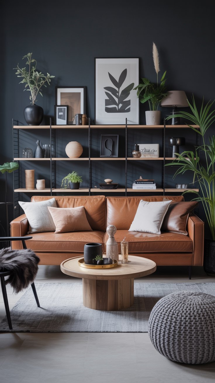 Living room with earth tones and leather