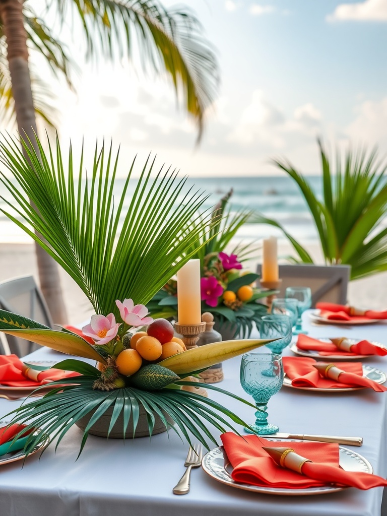 Bright tropical tablescape with fresh fruit and vibrant colors