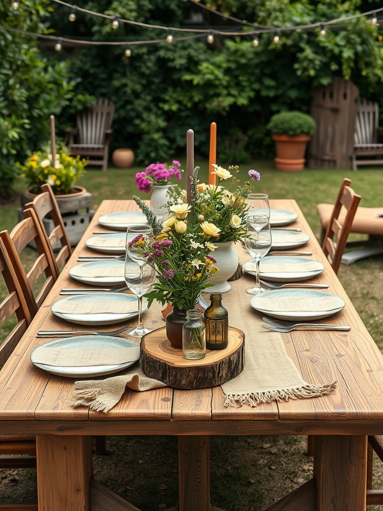 Rustic farmhouse tablescape with wooden table and string lights
