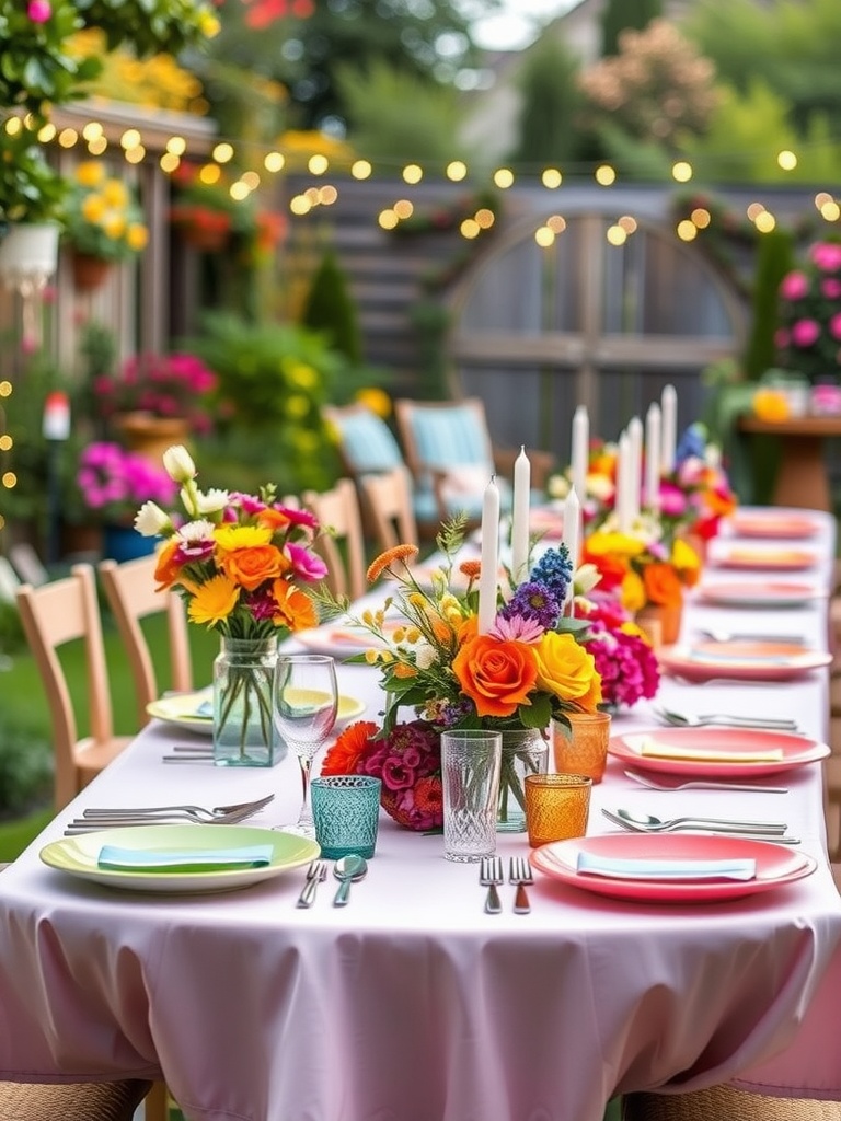 Bright garden party tablescape with flowers and lights