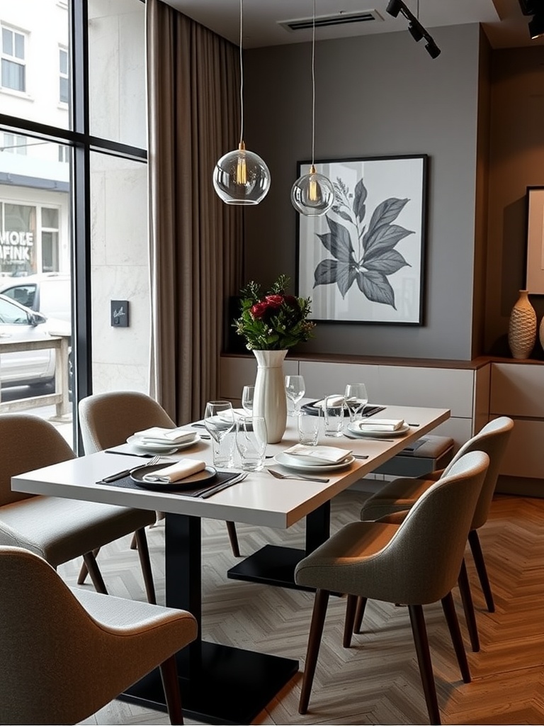 Sleek minimalist tablescape with greenery accents