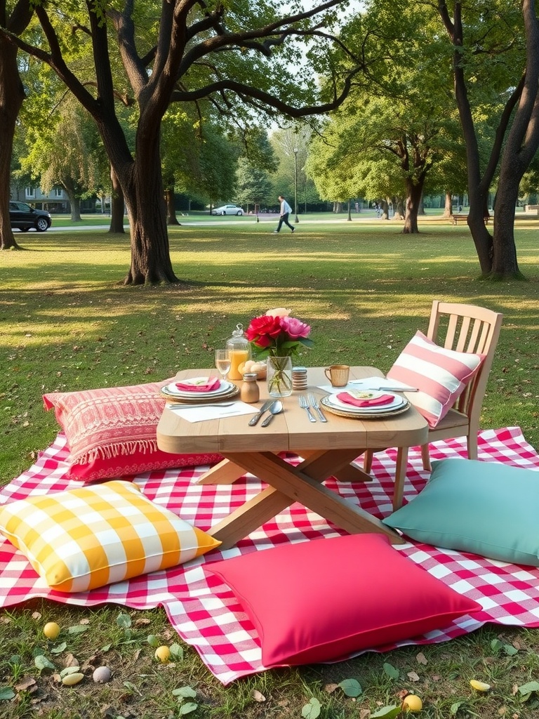 Casual picnic tablescape with bright pillows and cheerful decor