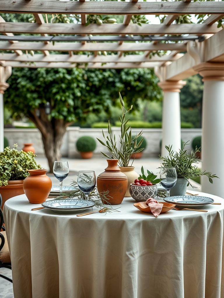 Mediterranean style tablescape with earthy pottery and fresh herbs