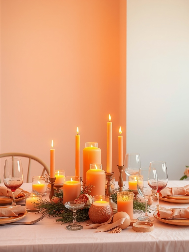 Tablescape with warm sunset colors like orange, pink, and yellow