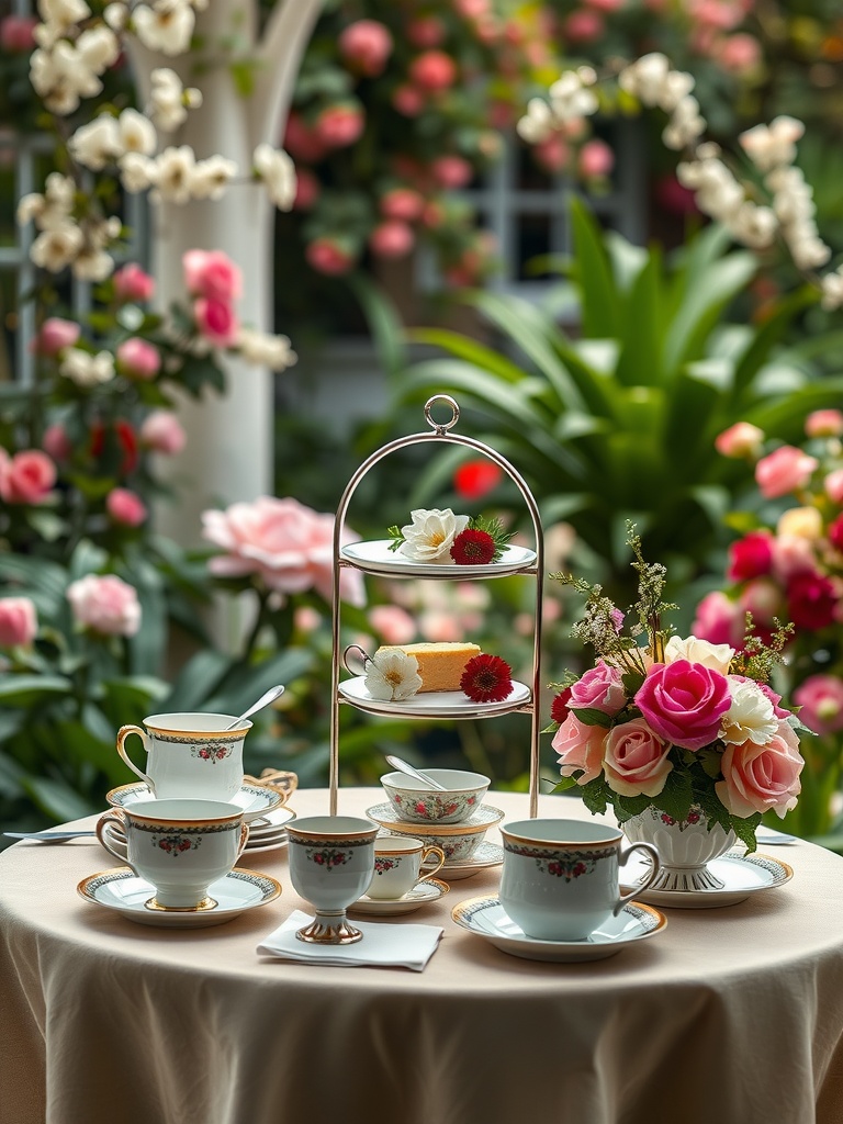 Elegant garden high tea setup with fine china and pastries