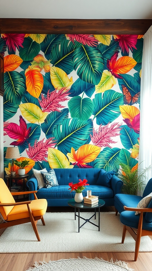 Tropical accent wall with bold wallpaper