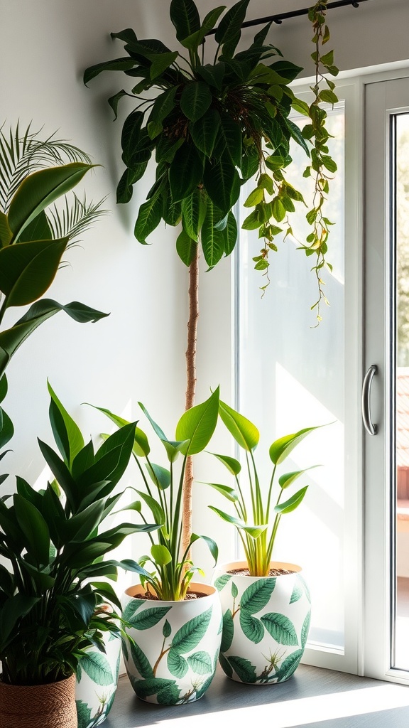 Indoor plants in tropical print pots
