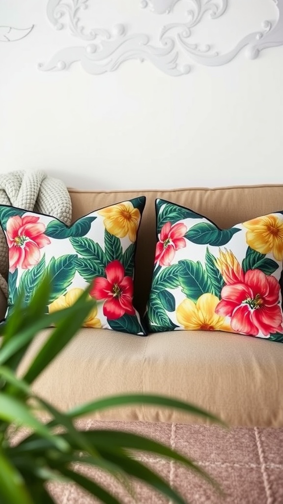 Tropical print throw pillows on sofa