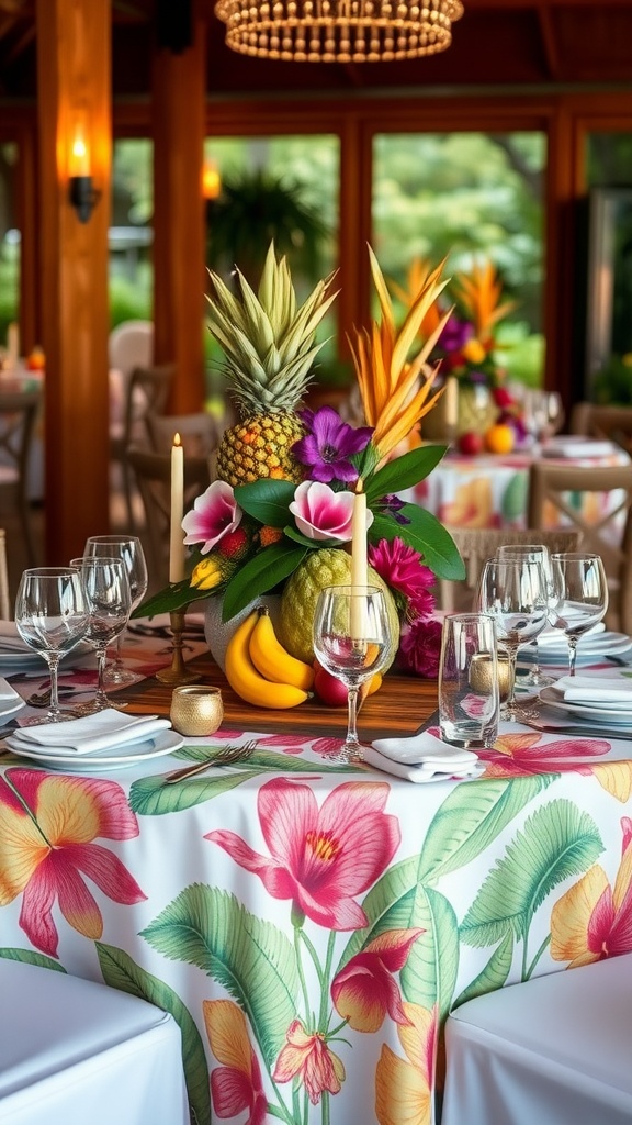 Tropical print table linens