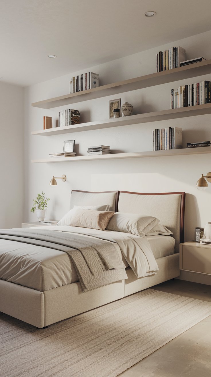 Floating shelves in bedroom
