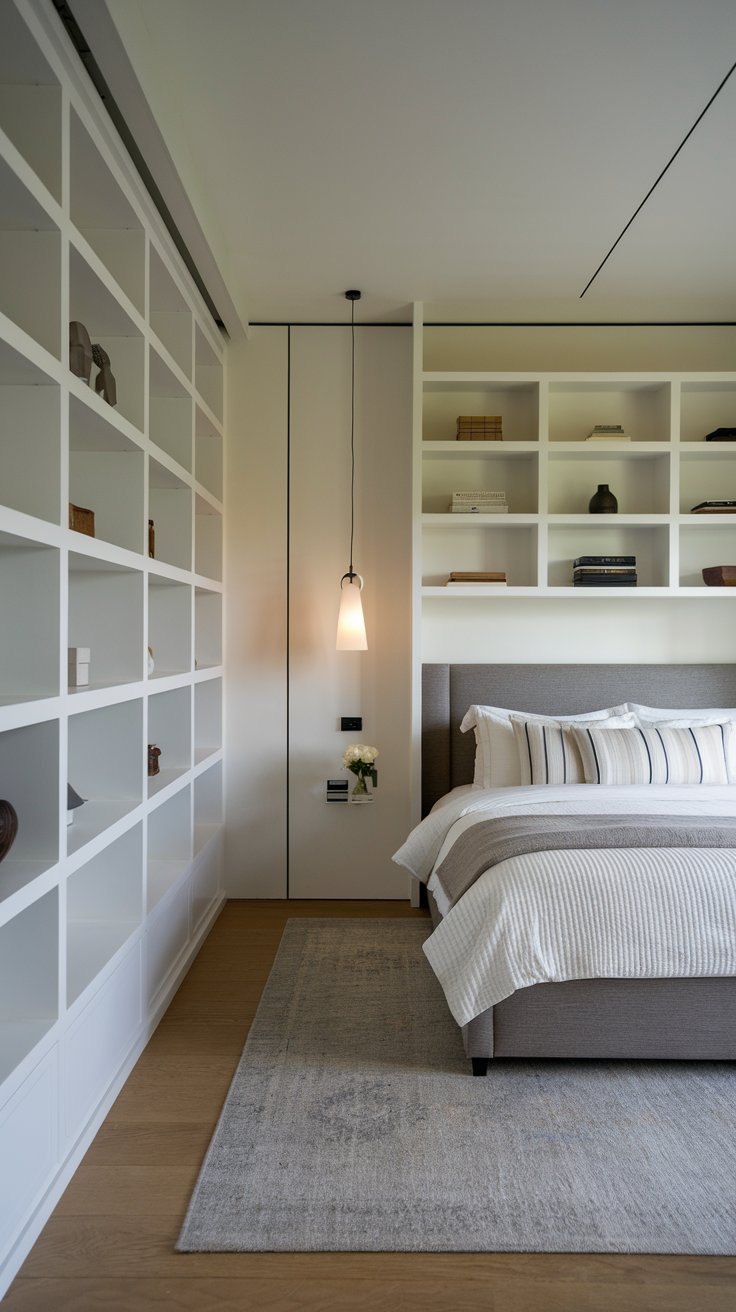 Built-in shelving in bedroom