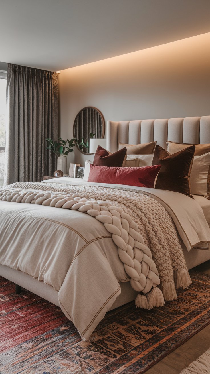 Layered textiles in bedroom