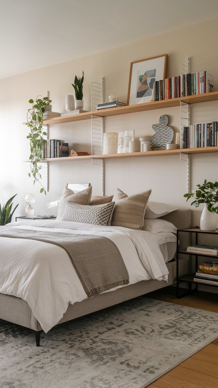 Floating shelves in bedroom