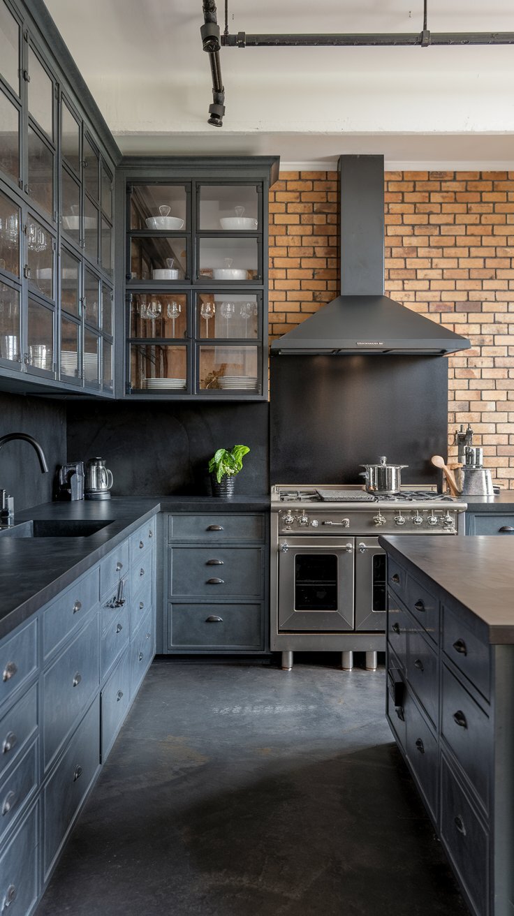 Industrial Style Gray Kitchen Cabinets with Glass