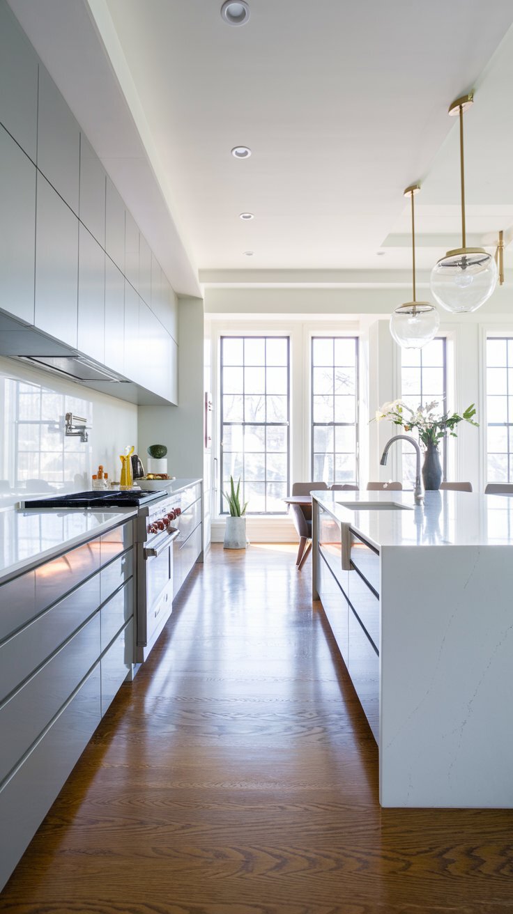 Gray Kitchen Cabinets with Quartz Waterfall Countertops