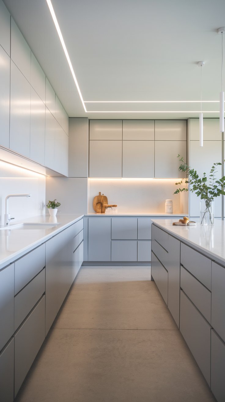 Minimalist Gray Kitchen Cabinets with Hidden Hinges